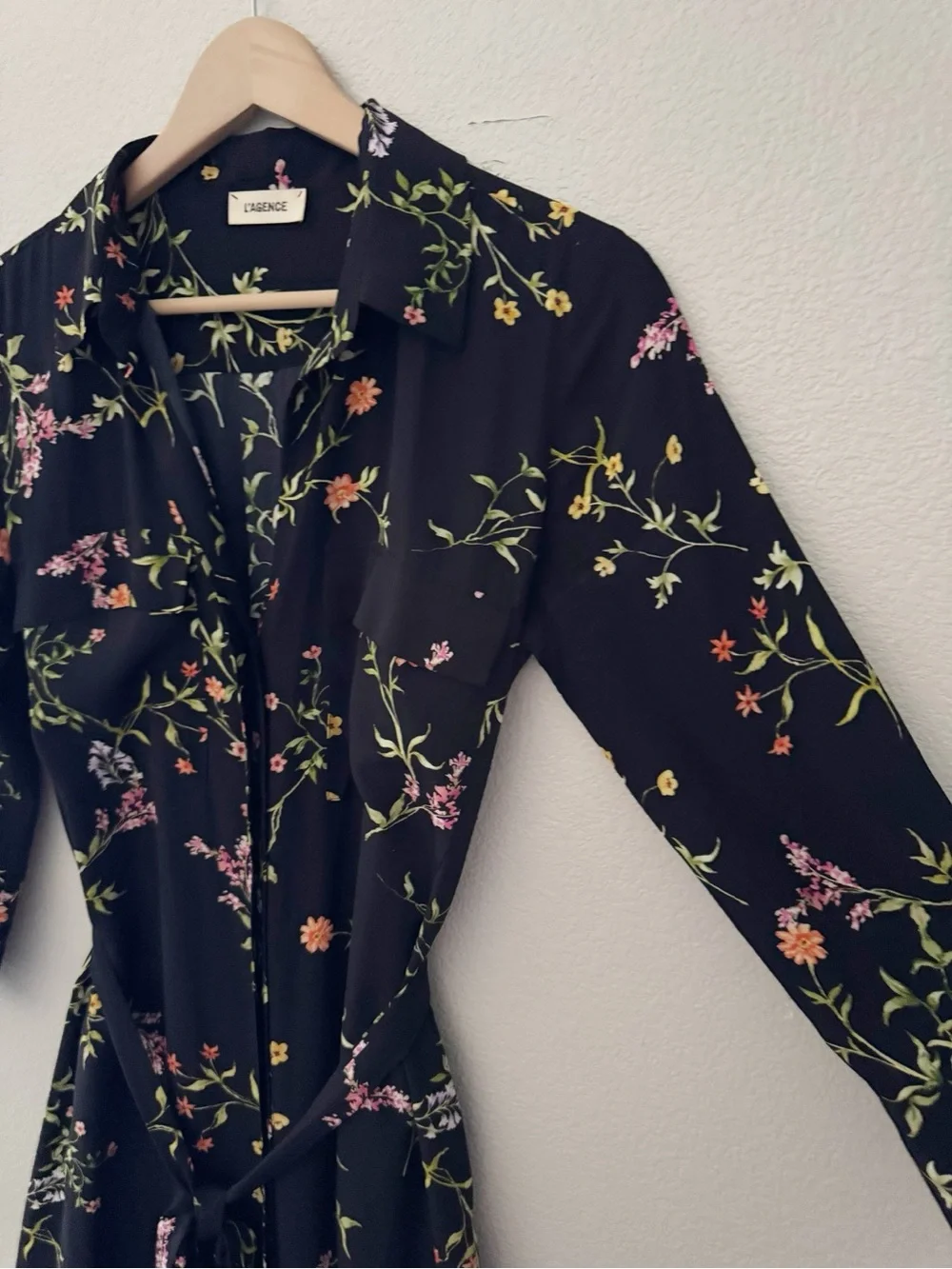 L'agence Cameron Silk Crepe Maxi Shirt Dress Large Black Floral Feminine - Picture 6 of 10